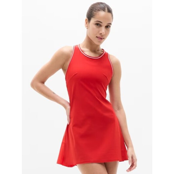 New Athleta M Match Point Pleated Dress Medium Cardinal Red Bright White Tennis - Picture 1 of 7